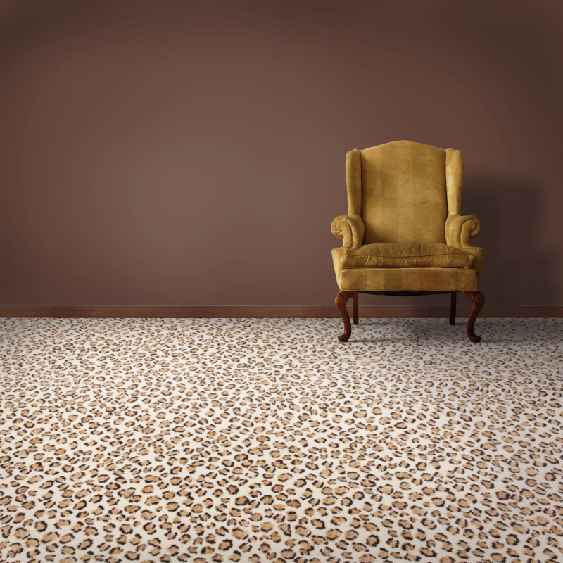 Leopard print carpet flooring in a trendy home