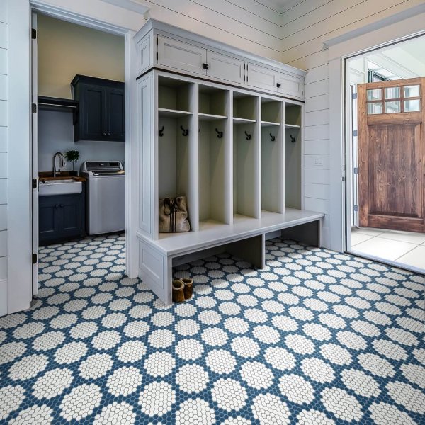 Stylish mosaic tile floor in a mudroom