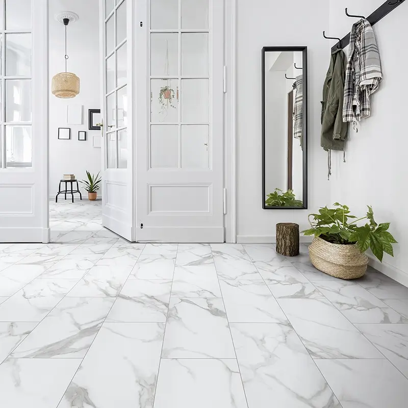 White marble tile floors